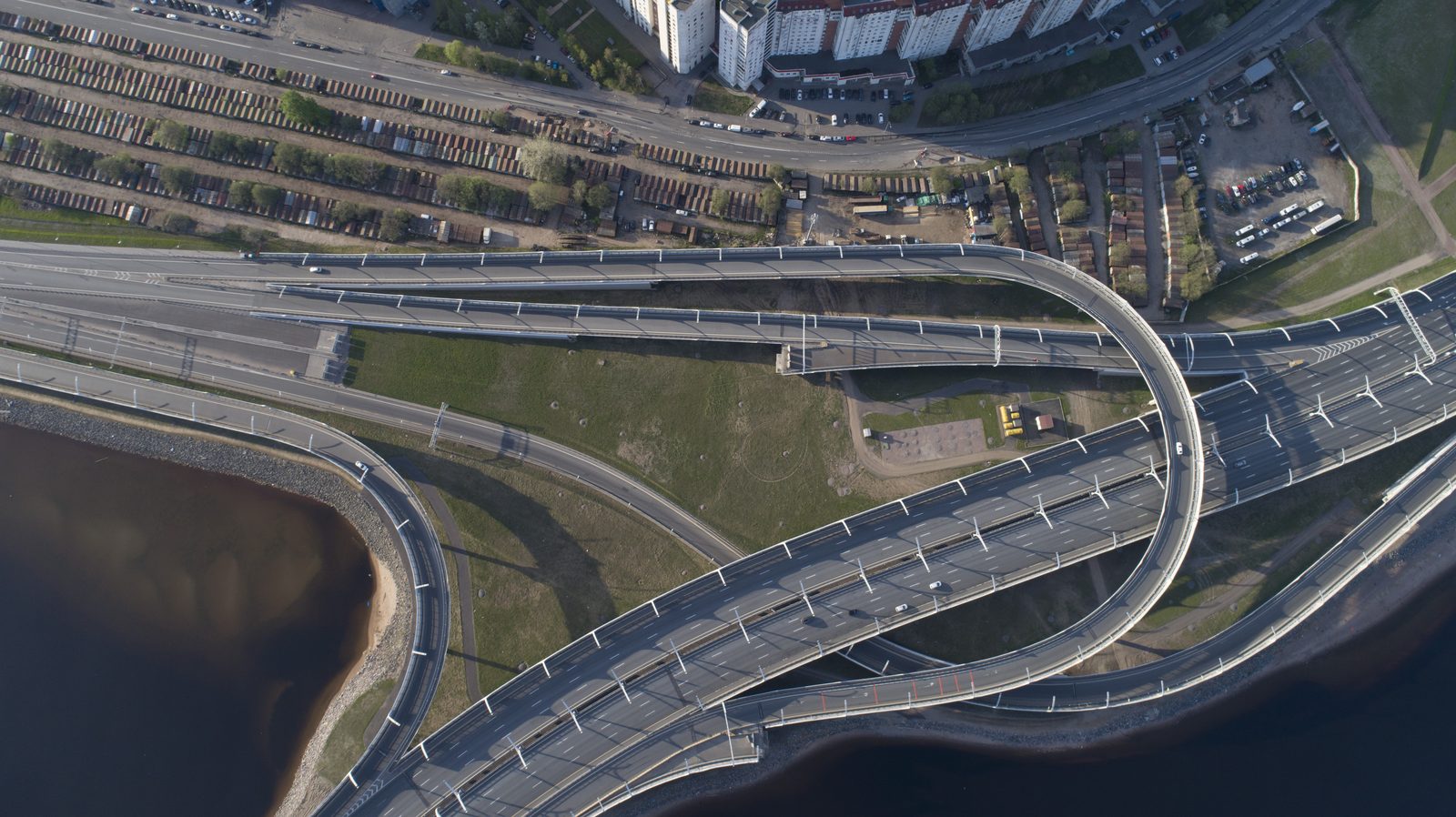 Aerial view of an urban road interchange and curved overpasses